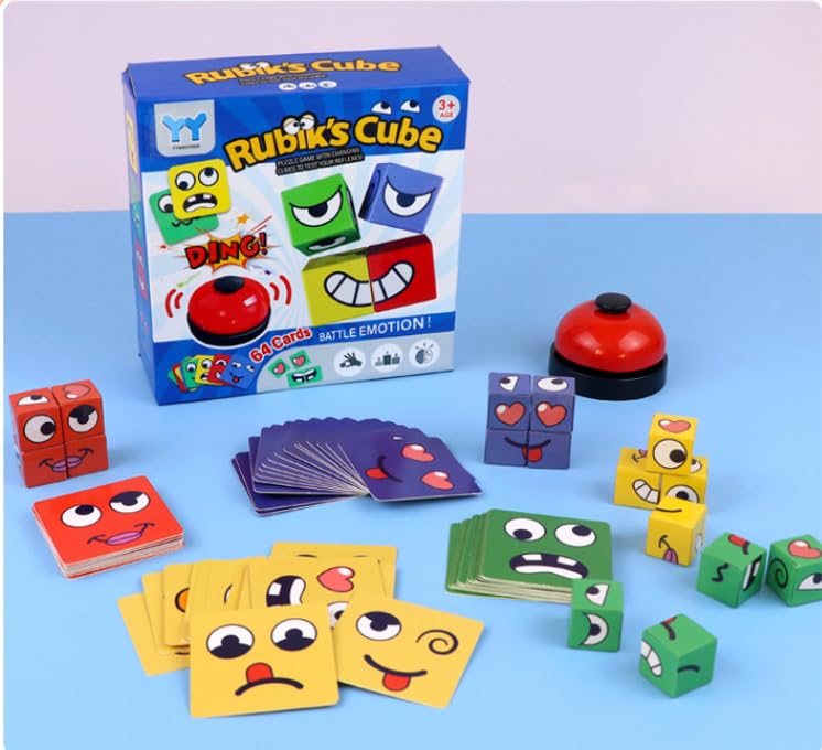 JOYCY EmojiFace Battle Cube Game – Fast-Paced Face Matching Card Game with 64 Emoji Cards, 16 Blocks, and Bell for Kids Ages 3+, Reflex and Emotion Recognition Game