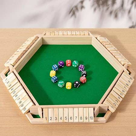 JOYCY 6-Player Shut The Box Dice Game – Large Wooden Hexagon Board with Number Tiles and 12 Dice, Classic Math Strategy Game for Family, Classroom, and Party Fun