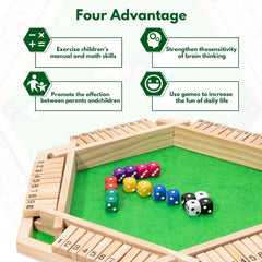 JOYCY 6-Player Shut The Box Dice Game – Large Wooden Hexagon Board with Number Tiles and 12 Dice, Classic Math Strategy Game for Family, Classroom, and Party Fun