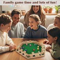 JOYCY 6-Player Shut The Box Dice Game – Large Wooden Hexagon Board with Number Tiles and 12 Dice, Classic Math Strategy Game for Family, Classroom, and Party Fun