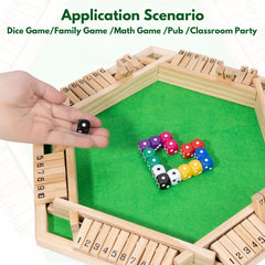 JOYCY 6-Player Shut The Box Dice Game – Large Wooden Hexagon Board with Number Tiles and 12 Dice, Classic Math Strategy Game for Family, Classroom, and Party Fun